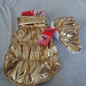 Boots & Barkley Large Chic Gold Dog Puffer Jacket Vest and Hat Outfit